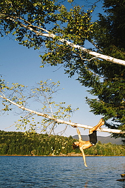 A Young Man Hanging On To A Tree Branch Leaning Out Over A Lake, Waterbury, Vermont, United States Of America