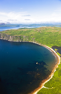 Aerial View Of Cliffs And Beaches Along The Shore Of Popof Island Near Sand Point, Southwestern Alaska, USA, Summer