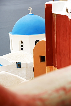 Greek Orthodox Church With Blue Dome In The Village Of Oia, Oia, Santorini, Greece