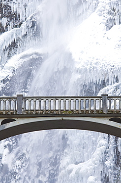 Bridge Over Icy Water, Multnomah Falls, Oregon, Usa