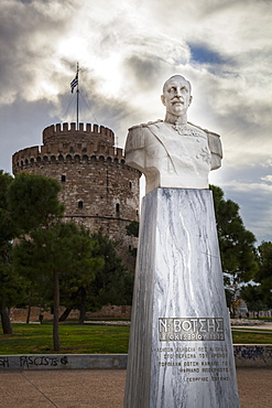 White Bust Of Lieutenant Nicholaos Votsis And The White Tower, Thessaloniki, Greece