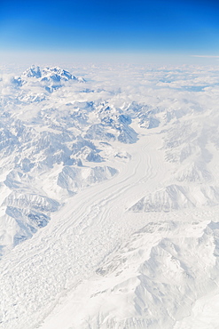 Aerial View Of Mt. Mckinley (Denali) Covered In Snow With The Buckskin Glacier Running Into The Foreground, Interior Alaska, USA, Winter