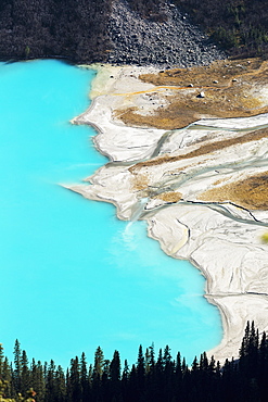 Overlooking High Above An Intense Blue Coloured Lake With Delta Shoreline, Banff National Park, Alberta, Canada