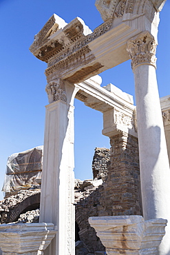 A Close Up Look At Reconstructed Columns Of The Ephesus Ancient City Historic Site In Selcuk, Ephesus, Izmir, Turkey