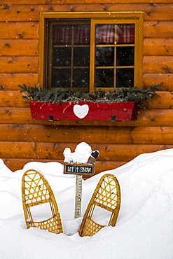 Old Wooden Snowshoes In Snow In Front Of Log Cabin Window With Flower Box, Lake Louise, Alberta, Canada