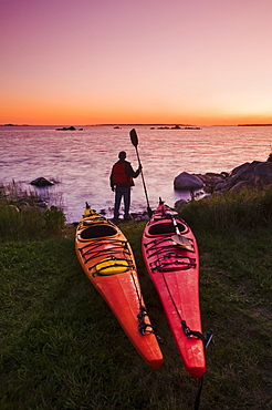 Kayaks Along Atlantic Ocean Coastline, Bear Point, Nova Scotia, Canada