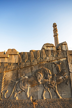 Bas-Relief Of A Lion Devouring A Bull On The Southern Staircase Of The Palace Of Darius I (Tachara), Persepolis, Fars Province, Iran