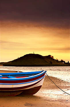 Alnmouth, Northumberland, England; Boat On Sunset Beach