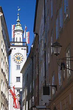 Clock Tower From A Street, Salzburg, Salzburger Land, Austria