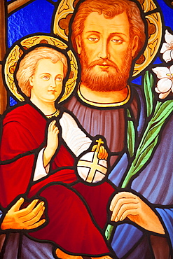 Buenos Aires, Argentina; A Stained Glass Window Depicting Jesus And A Child In Recoleta Cemetery