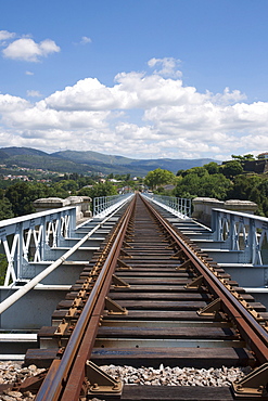 Rail Tracks On Top Of Eiffel Bridge; Tui, Spain