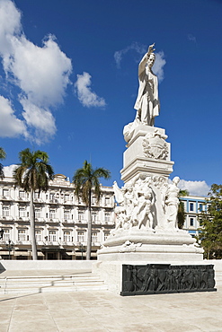 Statue Of Jose Marti (Padres De La Patria) With The Hotel Inglaterra In The Background; Havana, Cuba