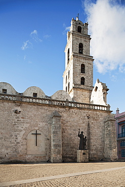 A Monument Of Fray Junipero Serra With Juaneno, An Indian Boy, At The Front Of The 16Th Century Basilica Menor De San Francisco De Asis In Plaza De San Francisco; Havana, Cuba