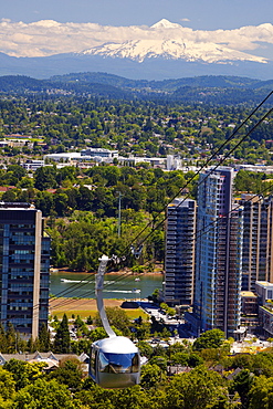 Ohsu Tram And Mount Hood; Portland, Oregon, United States Of America