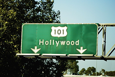 Low angle view of highway signs to Hollywood, Los Angeles, California, USA