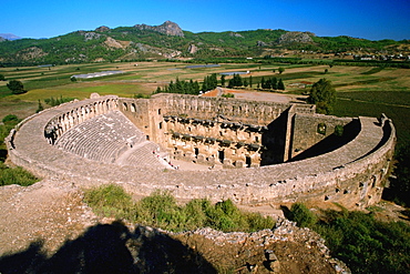 High angle view of an old ruins of an amphitheater, Aspendos, Turkey