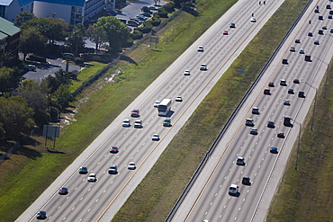 Aerial view of vehicles moving on a multiple lane highway, Interstate 4, Orlando, Florida, USA