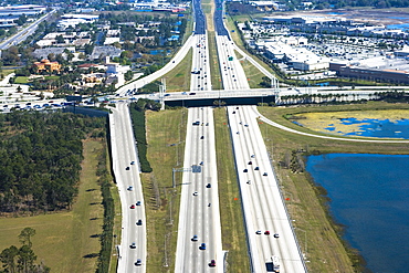 Aerial view of vehicles moving on multiple lane highways, Interstate 4, Orlando, Florida, USA