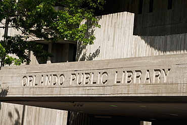 Close-up of text carved on the wall of a public library, Orlando Public Library, Orlando, Florida, USA