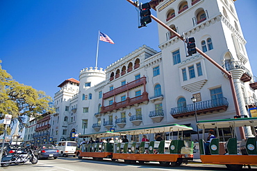 Cable car in front of a building, St. Augustine, Florida, USA