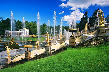 Fountains in the garden of a palace, Peterhof Grand Palace, St. Petersburg, Russia