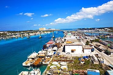 High angle view of cargo containers at a commercial dock, Potter's Cay, Nassau, Bahamas