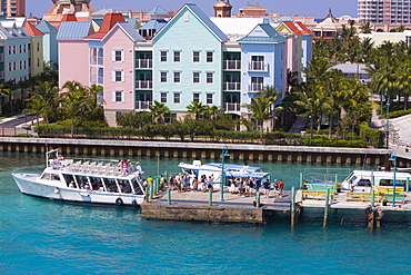 High angle view a group of people waiting to enter the tourboats, Paradise Island, Bahamas