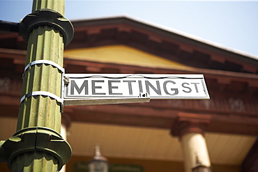 Low angle view of an information board on a pole, Charleston, South Carolina, USA