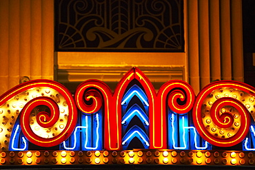 Close-up of a theater marquee lit up at night, Charleston, South Carolina, USA