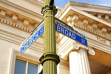 Low angle view of an information board in front of a building, Charleston, South Carolina, USA