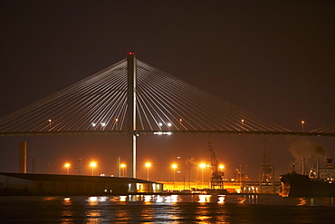 Suspension bridge lit up at night, Talmadge Bridge, Savannah River, Savannah, Georgia, USA