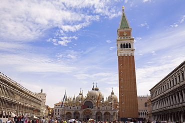 Low angle view of a bell tower, St. Mark's Cathedral, St. Mark's Square, Venice, Italy