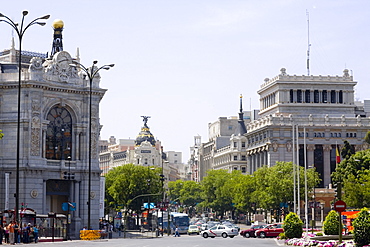 Traffic on a road in front of buildings, Gran Via, Madrid, Spain