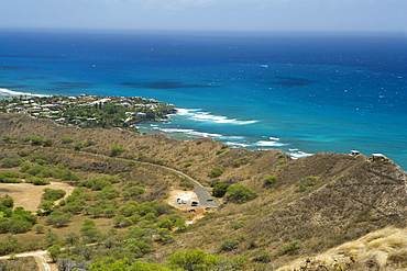 High angle view of a coastline, Diamond Head, Waikiki Beach, Honolulu, Oahu, Hawaii Islands, USA