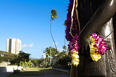 Close-up of a garland hanging on a statue, Honolulu, Oahu, Hawaii Islands, USA