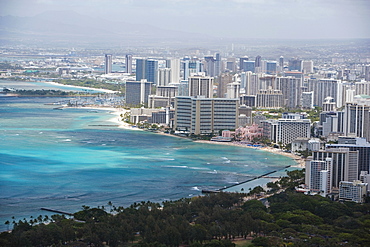 High angle view of buildings at the coast, Diamond Head, Waikiki Beach, Honolulu, Oahu, Hawaii Islands, USA