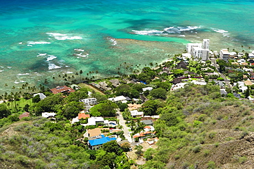 High angle view of buildings at the coast, Diamond Head, Waikiki Beach, Honolulu, Oahu, Hawaii Islands, USA