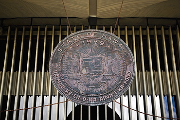 Close-up of a shield of Hawaiian state, Hawaii State Capitol, Honolulu, Oahu, Hawaii Islands, USA