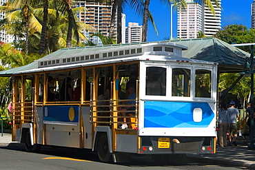 Bus parked at the roadside, Honolulu, Oahu, Hawaii Islands, USA