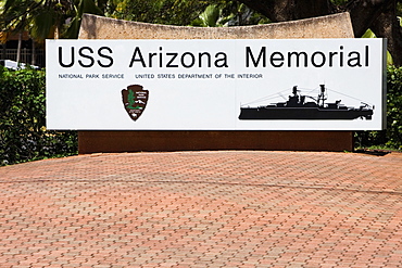 Information board in front of a tree, USS Arizona Memorial, Pearl Harbor, Honolulu, Oahu, Hawaii Islands, USA