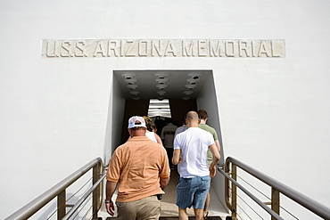 Group of people entering in a memorial building, Pearl Harbor, Honolulu, Oahu, Hawaii Islands, USA