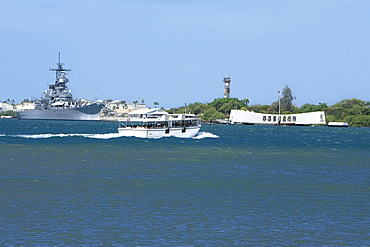 Military ship and a memorial building in the sea, USS Arizona Memorial, Pearl Harbor, Honolulu, Oahu, Hawaii Islands, USA