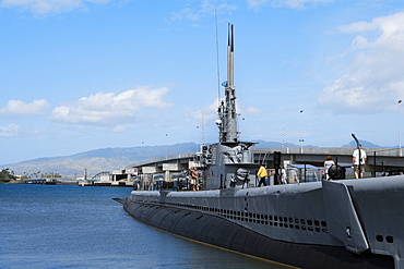 Military ship near a bridge, USS Bowfin, Pearl Harbor, Honolulu, Oahu, Hawaii Islands, USA