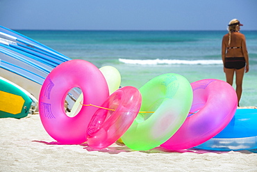 Inflatable rings and surfboards on the beach, Waikiki Beach, Honolulu, Oahu, Hawaii Islands, USA