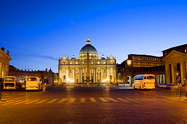 Basilica lit up at dusk, St. Peter's Basilica, St. Peter's Square, Vatican City