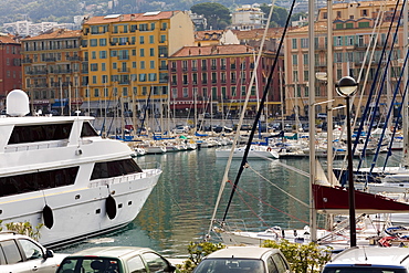 Boats moored at a harbor, Bassin Lympia, Nice, France