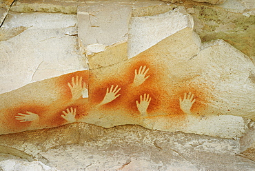 Hand signs on a rock, Cave of the Hands, Pinturas River, Patagonia, Argentina