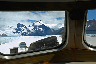 Mountain viewed through the window of a ship, Lake Argentino, Patagonia, Argentina