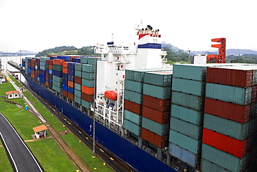 Cargo containers in a container ship at a commercial dock, Panama Canal, Panama