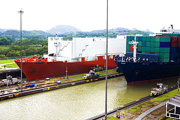 Container ships at a commercial dock, Panama Canal, Panama